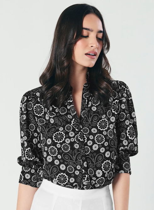 Printed Black White Three Quarter Top