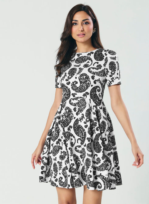 Printed Pleated Flared Midi Dress