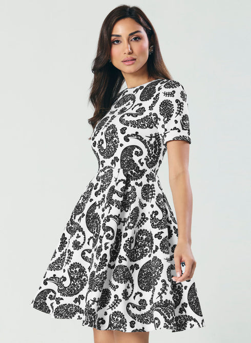 Printed Pleated Flared Midi Dress