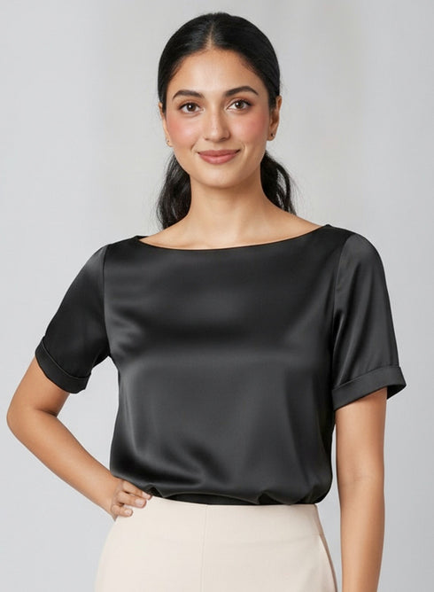 Black Short Sleeve Satin Formal Top