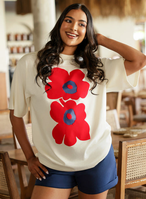 Floral Flock Printed Oversized Off-White T-Shirt