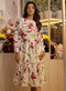 Printed Neck Gathered Long Sleeve Dress