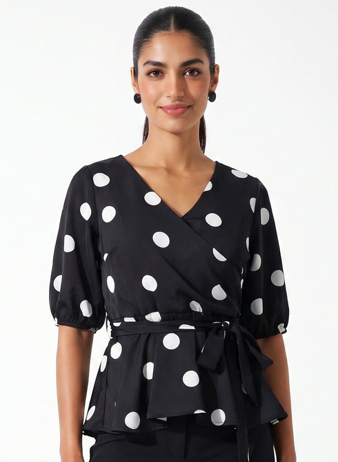 Black Polka Dot Peplum Waist Tie Top