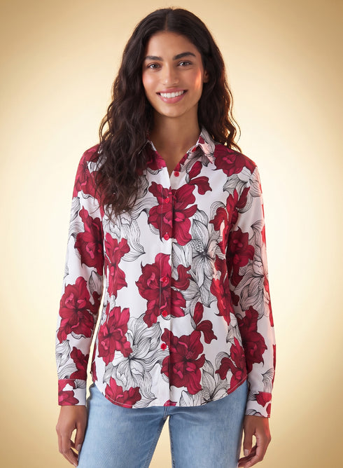 Red Floral Printed Chiffon Oversized Shirt