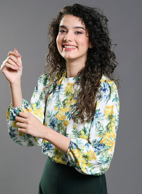Yellow Floral Elastic Sleeve Top