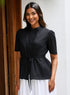 Trim Waist Tie Cotton Top Black