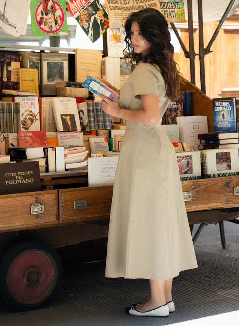 Khaki Green Waist Clinched Collared Dress