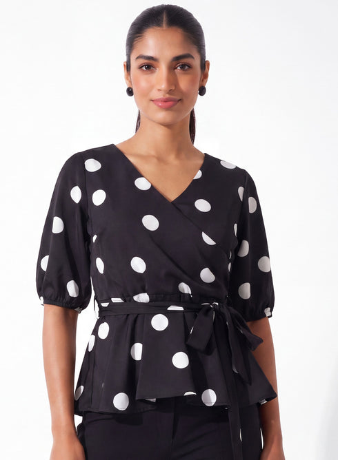 Black Polka Dot Peplum Waist Tie Top