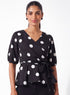 Black Polka Dot Peplum Waist Tie Top