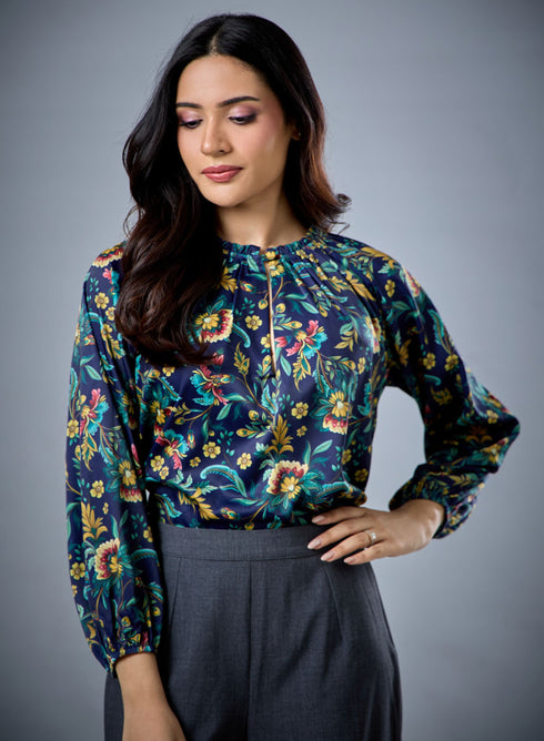 Long Sleeve Bold Green Floral Top