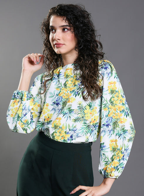 Yellow Floral Elastic Sleeve Top