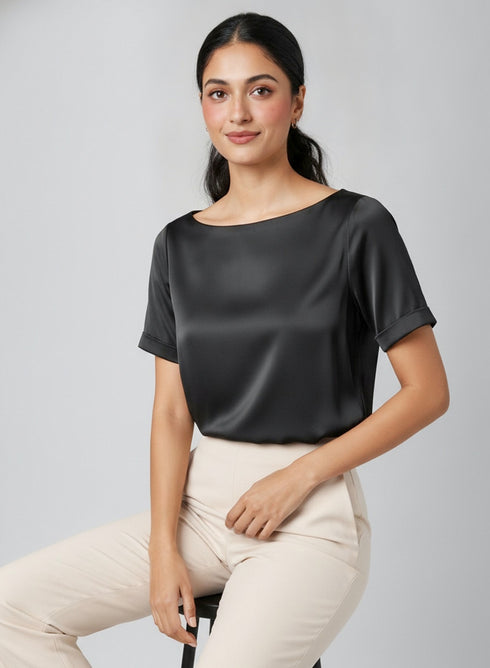 Black Short Sleeve Satin Formal Top