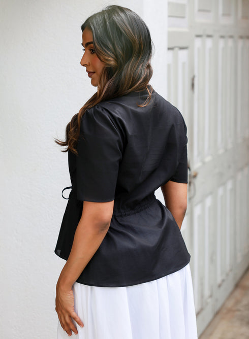 Trim Waist Tie Cotton Top Black