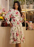 Printed Neck Gathered Long Sleeve Dress