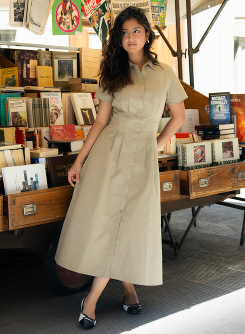 Khaki Green Waist Clinched Collared Dress