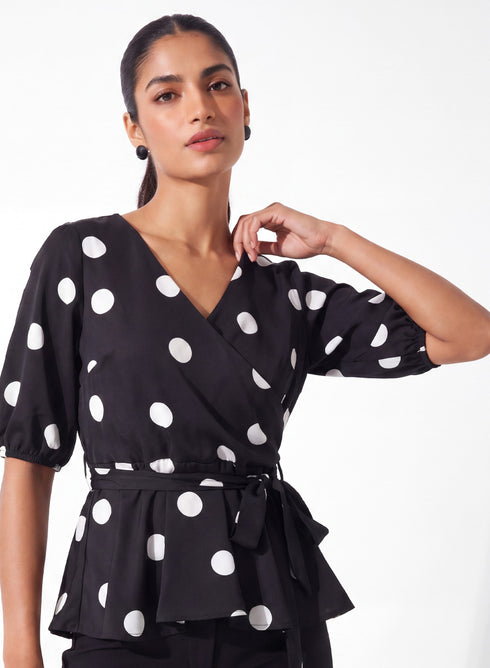 Black Polka Dot Peplum Waist Tie Top