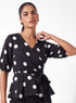 Black Polka Dot Peplum Waist Tie Top