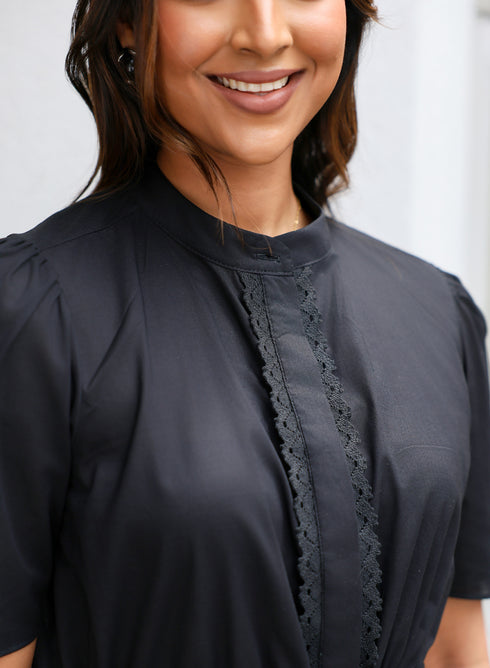 Trim Waist Tie Cotton Top Black