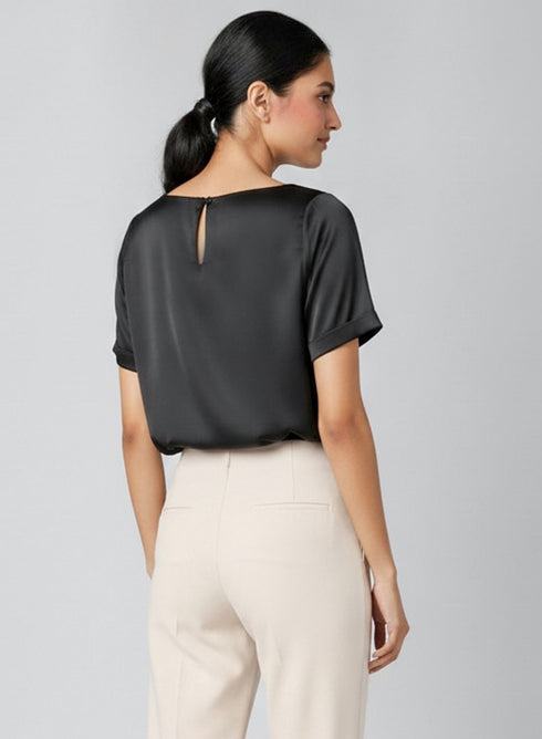 Black Short Sleeve Satin Formal Top