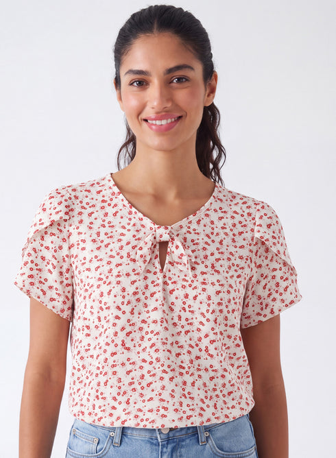 Short Sleeve Front Detailed Floral Printed Top