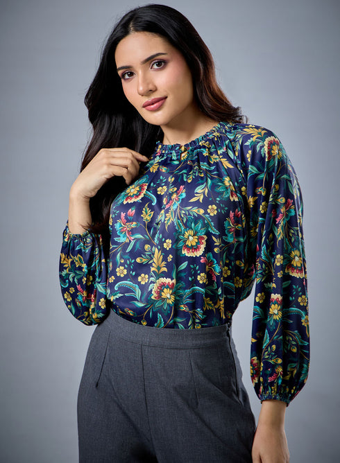Long Sleeve Bold Green Floral Top