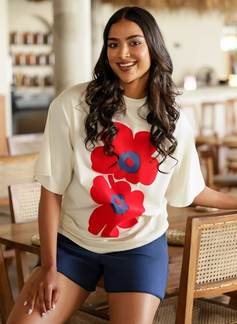 Floral Flock Printed Oversized Off-White T-Shirt