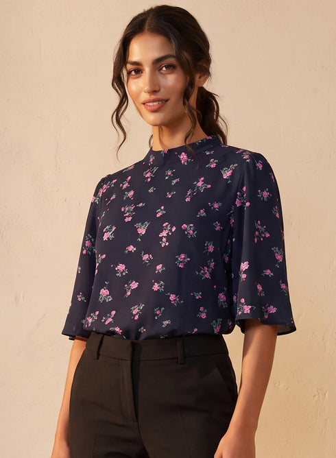 Blue Printed Sleeve Flared Top