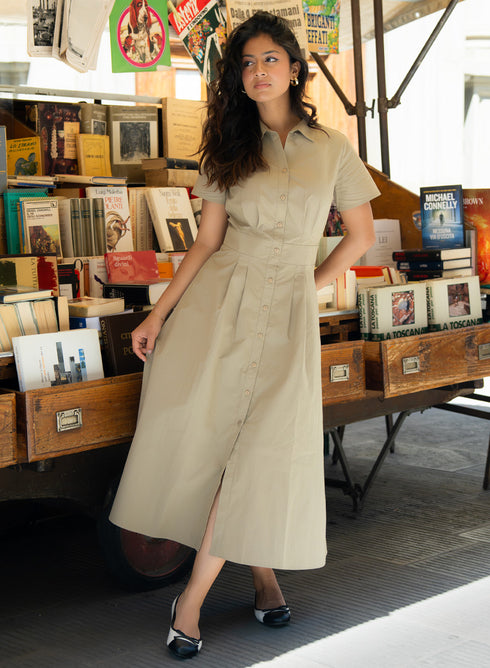 Khaki Green Waist Clinched Collared Dress