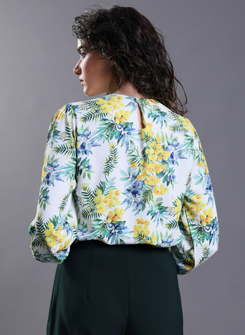 Yellow Floral Elastic Sleeve Top
