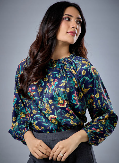 Long Sleeve Bold Green Floral Top