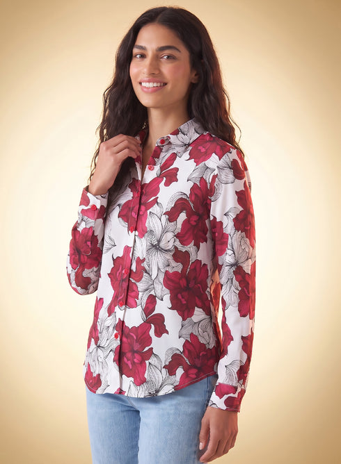 Red Floral Printed Chiffon Oversized Shirt