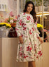 Printed Neck Gathered Long Sleeve Dress