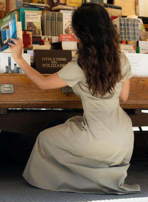 Khaki Green Waist Clinched Collared Dress