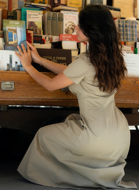Khaki Green Waist Clinched Collared Dress