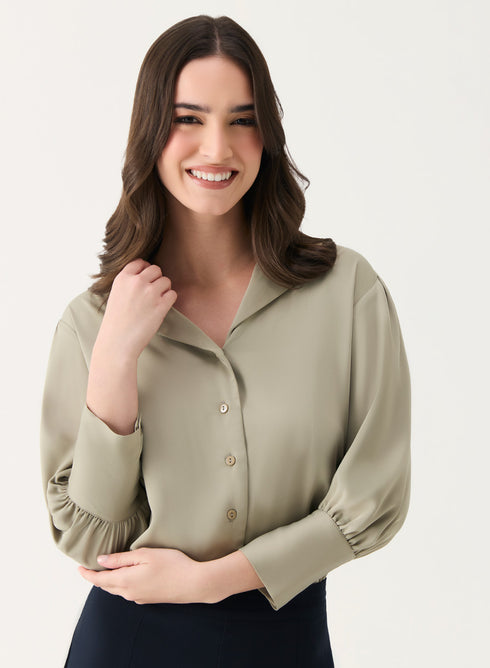 Lapel Collared Sation Shirt Top- Light Brown