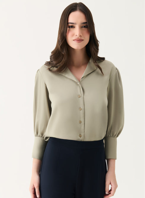 Lapel Collared Sation Shirt Top- Light Brown