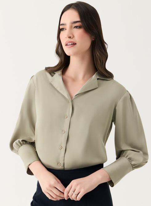 Lapel Collared Sation Shirt Top- Light Brown