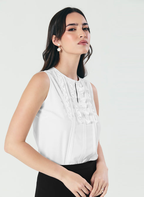 Frill And Pintuck Detailed Off-White Top