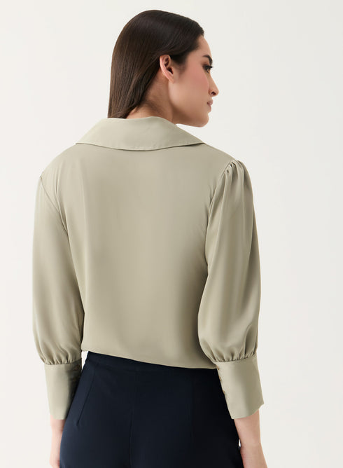 Lapel Collared Sation Shirt Top- Light Brown