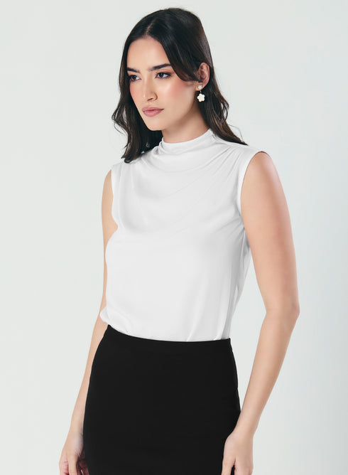 Pleated Cowl Satin Sleeveless White Top