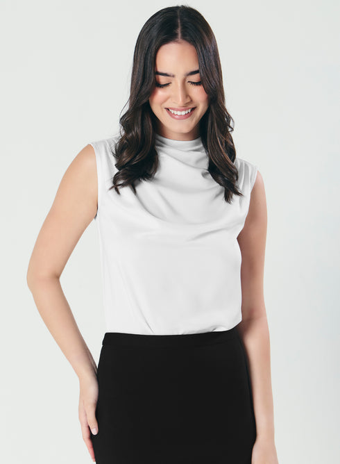 Pleated Cowl Satin Sleeveless White Top