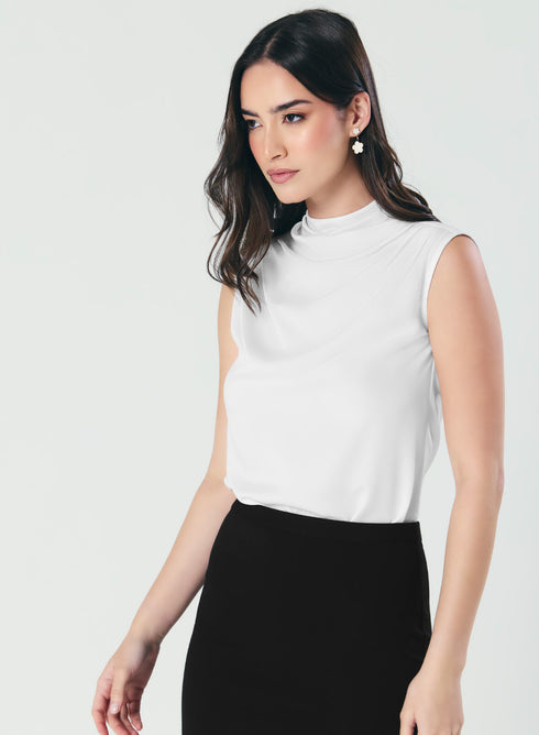 Pleated Cowl Satin Sleeveless White Top