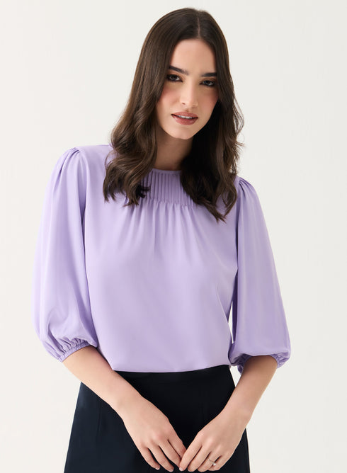 Front Pin-Tuck Neck Detailed Long-Sleeve Top