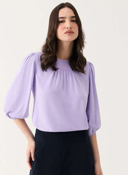 Front Pin-Tuck Neck Detailed Long-Sleeve Top