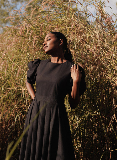 Black Puffed Sleeve Pleated Skirt Cotton Dress