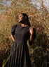 Black Puffed Sleeve Pleated Skirt Cotton Dress