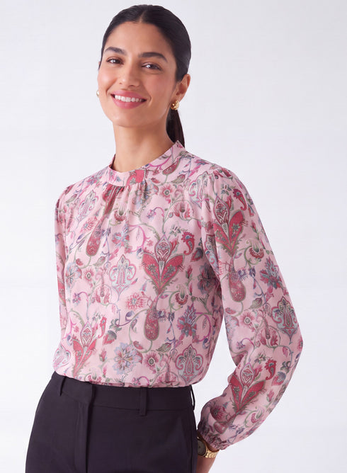 Pink Printed Long Sleeve Top With Collar Band
