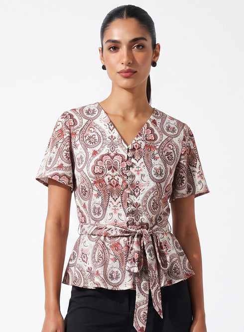 Printed Flared Sleeve Peplum Button Top