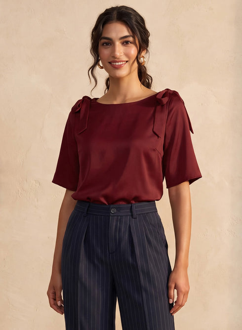 Maroon Double Bow Detail Satin Top