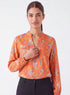 Orange Printed Collar Long Sleeve Top